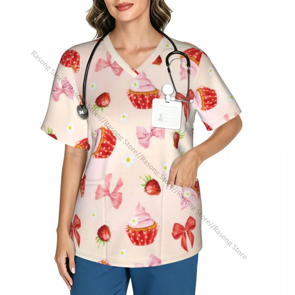 Women Scrubs Blouse Medical Nurse Clinical Scrubs Top Cupcake Bow Strawberry Peach Color Background Operating Room Work T-shirt