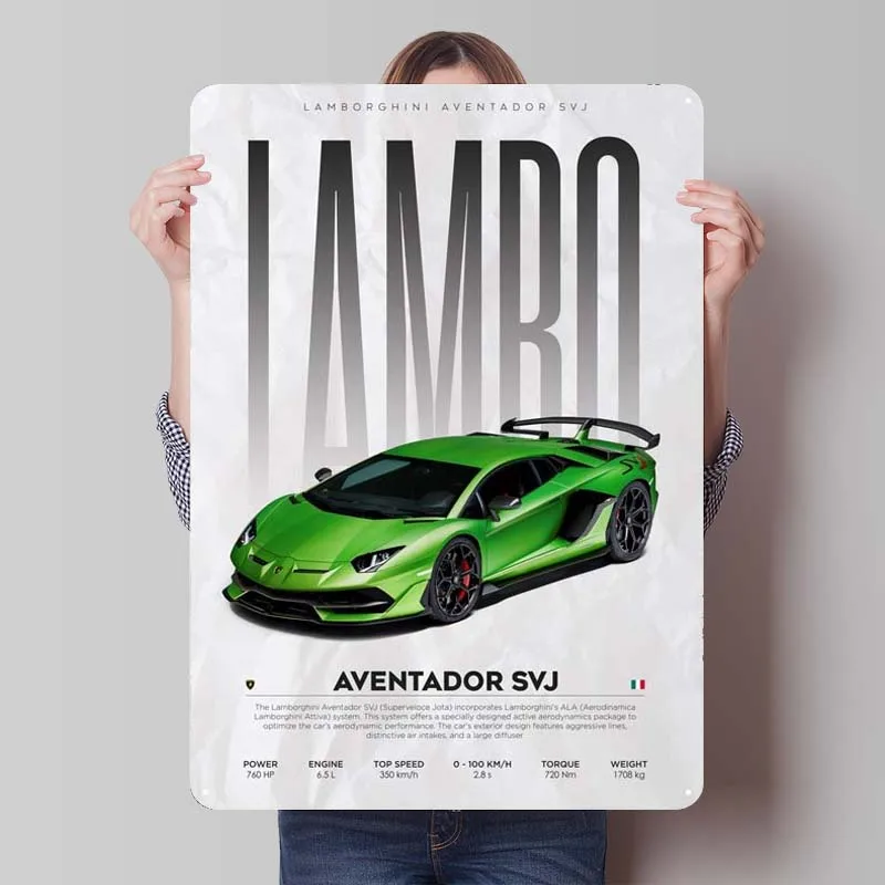 Lamborghini Aventador SVJ Sign Car Metal Poster Bathroom Decor Metal Tin Signs for Wall Art Decoration Gaming Room Decoration