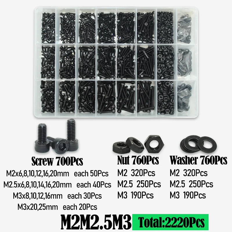 Schwarzes Sechskantschrauben-Sortiment-Kit m2 m2, 5 m3 m4 m5 m6 din912 2,5 Sechs kant Innen sechs kant kappe metrische Inbus muttern Schrauben und Unter leg scheiben – Detail 7