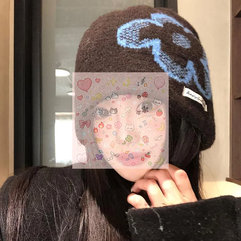 Womens Knitted Beanie Blue Flower Pattern Soft Fleece Lining Perfect For Winter Daily Wear
