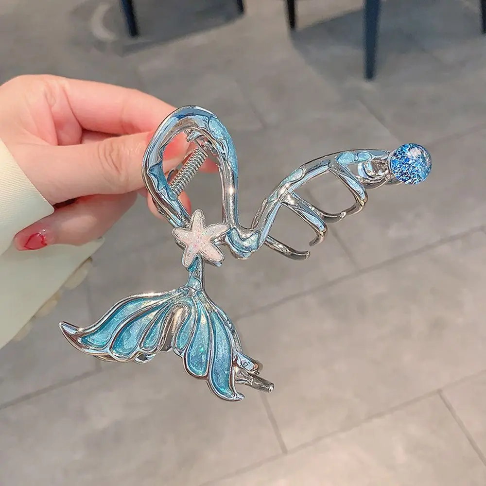 Elegant Starfish Fish Tail Shape Claw Clips Beaded Blue Color Metal Shark Clip Ponytail Holder Wave Geometric Hair Claw Party