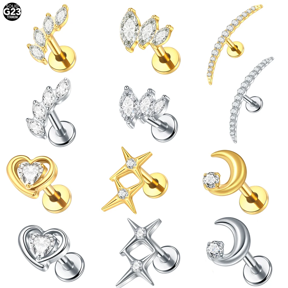 1Pc/5Pcs Implant Grade Titanium Moon Ear Stud Earring Internal Thread Labret Piercing Lip Monroe Helix Tragus Piercing Jewelry