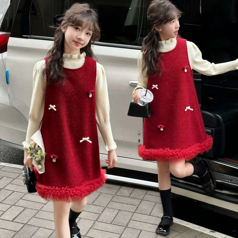 

Girls' Dress Autumn Winter High-end Feel2025New Fleece-Lined Thickened Vest Dress Red New Year Outfit Greeting Dress Set