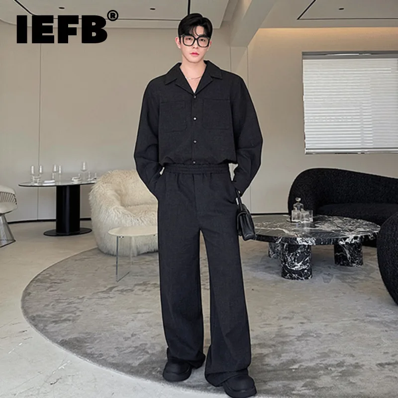 IEFB Men\'s Suits Single Breasted Pockets Shirts Elastic Waist Straight Wide Leg Suit Pants Korean Style Male Two-piece 9C7478