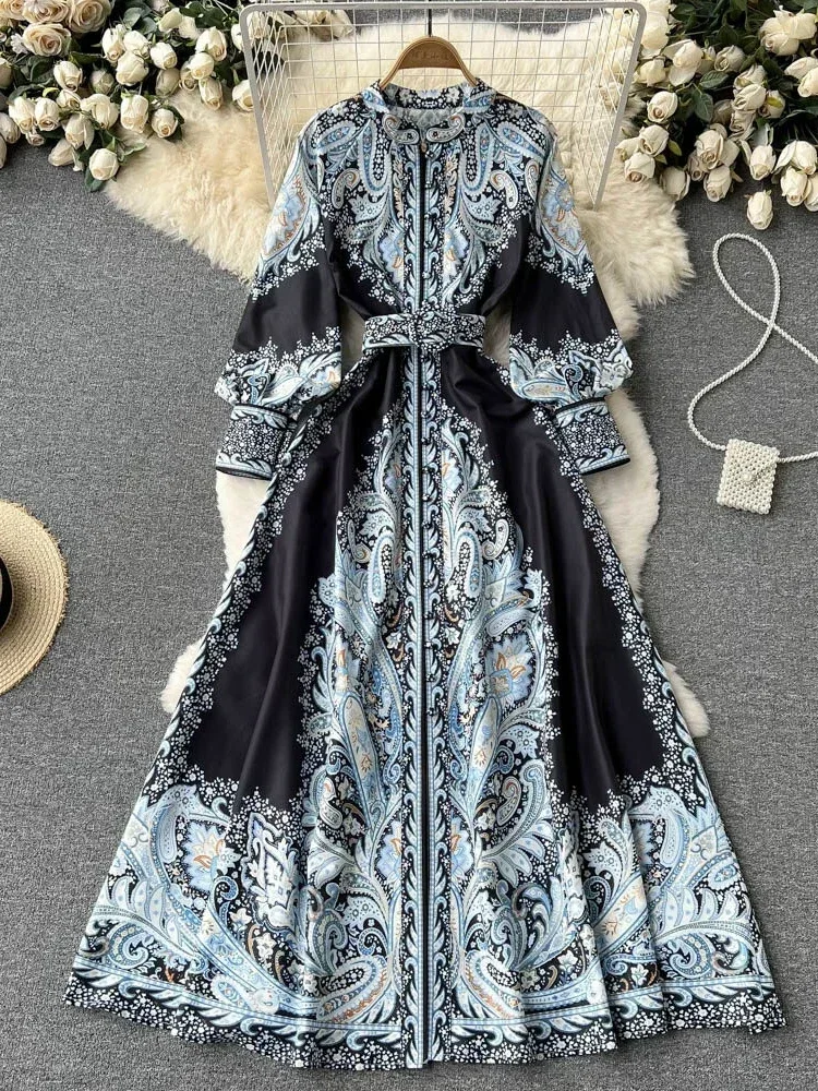 

New Women Vintage Party Dress Fashion Long Sleeve Single Breasted Stand Collar Elegant Printed Long Dresses Spring Autumn Robe