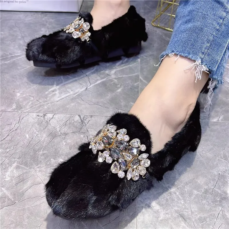 2026 Fashion Women Loafers Casual Thick Sole Moccasins Crystal Winter Snow Shoes Woman Real Mink Fur Espadrilles Flats Creepers