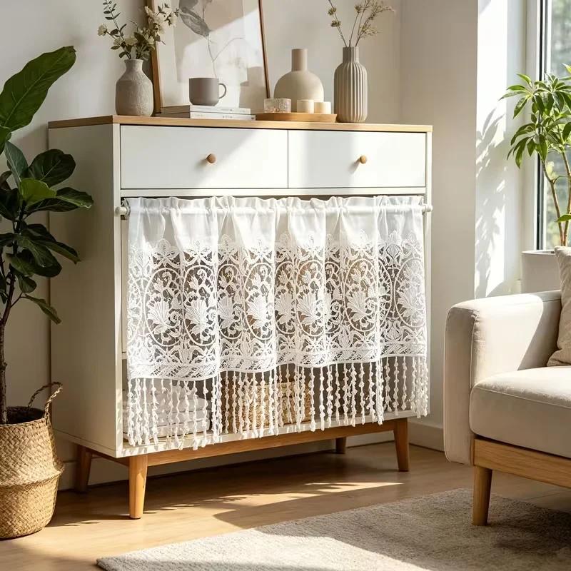 1PC French White Embroidered Café Curtain, Semi-Blackout Rod Pocket Short Curtain for Kitchen, Door, Bay Window & Divider