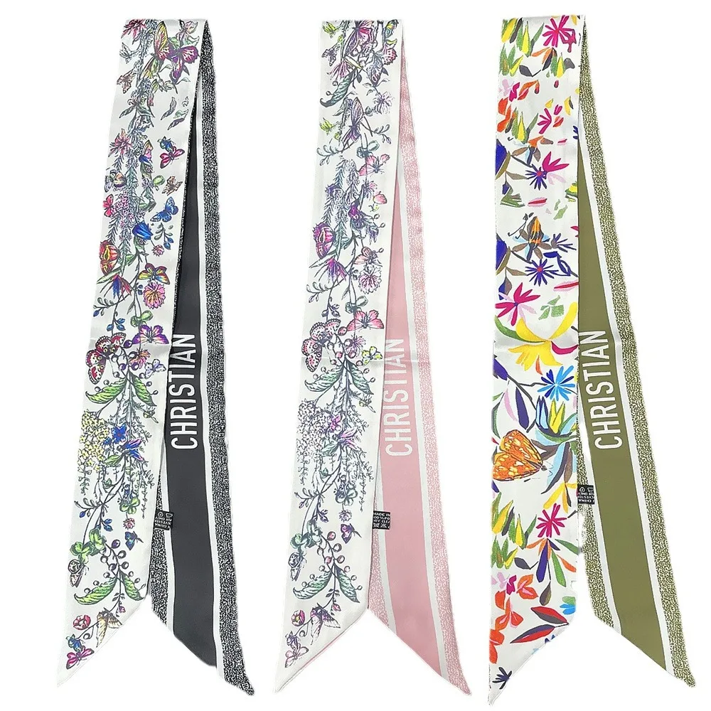 Vielseitiges Schmetterlings-Blumenmuster-Design, modisches langes Seidenband, kleiner Seidenschal, Foulard, Haar- und Halstuch, Stirnband für Damen
