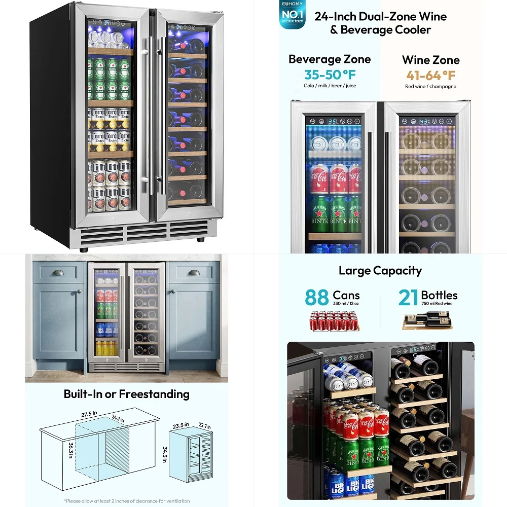 

Wine and Beverage Refrigerator, 24 Inch Dual Zone Wine Cooler with Glass Door Hold 21 Bottles and 88 Cans, Built in or Under Co