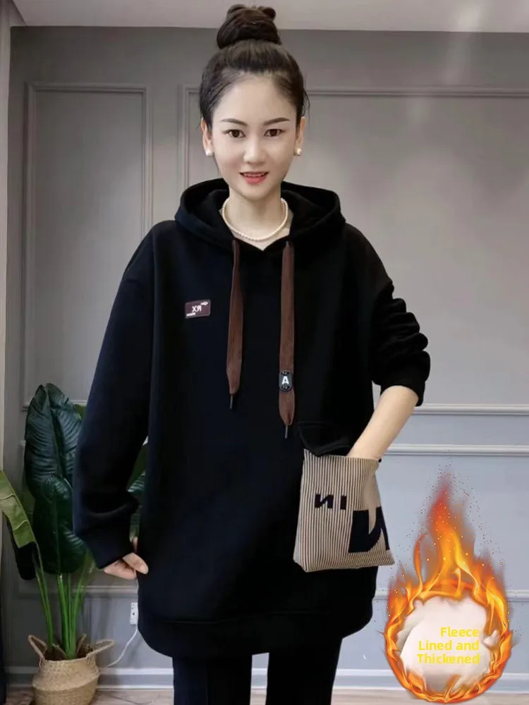 เสื้อฮู้ดผู้หญิงทรงยาวมีซับใน รุ่นใหม่ล่าสุดสำหรับฤดูใบไม้ร่วงและฤดูหนาว สไตล์แฟชั่น