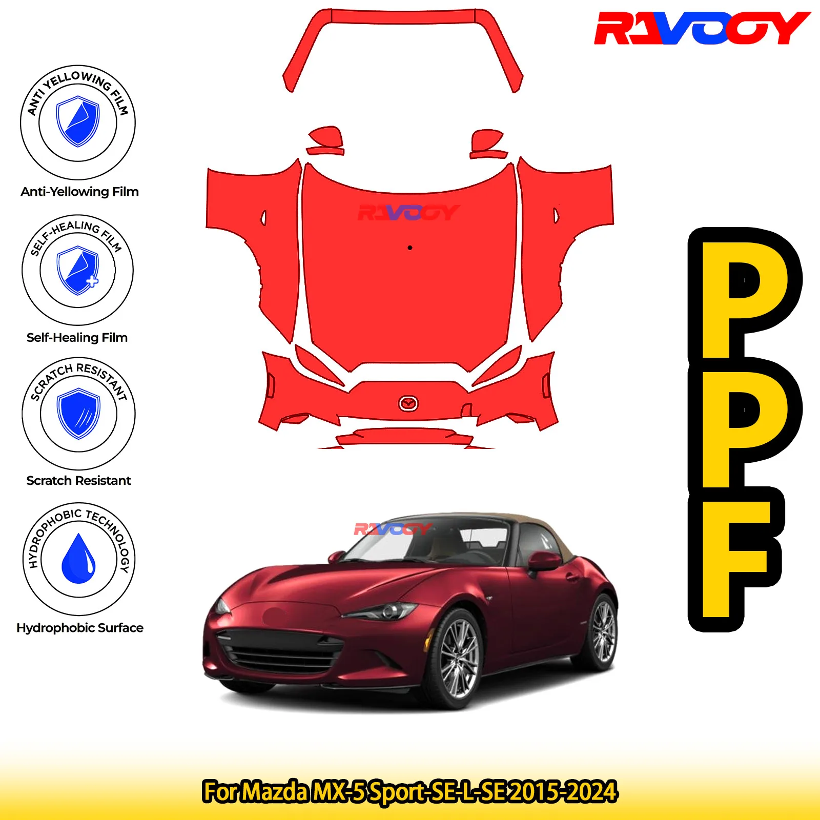 

Для Mazda MX-5 Sport-SE-L-SE 2015-2024 глянцевый матовый черный предварительно вырезанный передний комплект PPF, защитная пленка для краски