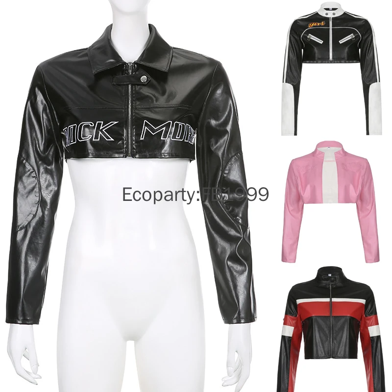 2024 Women Fashion Motorcycle Zipper Pu Leather Jackets Punk Super-short Turndown Collar Long Sleeve Crop Coat Streetwear Female