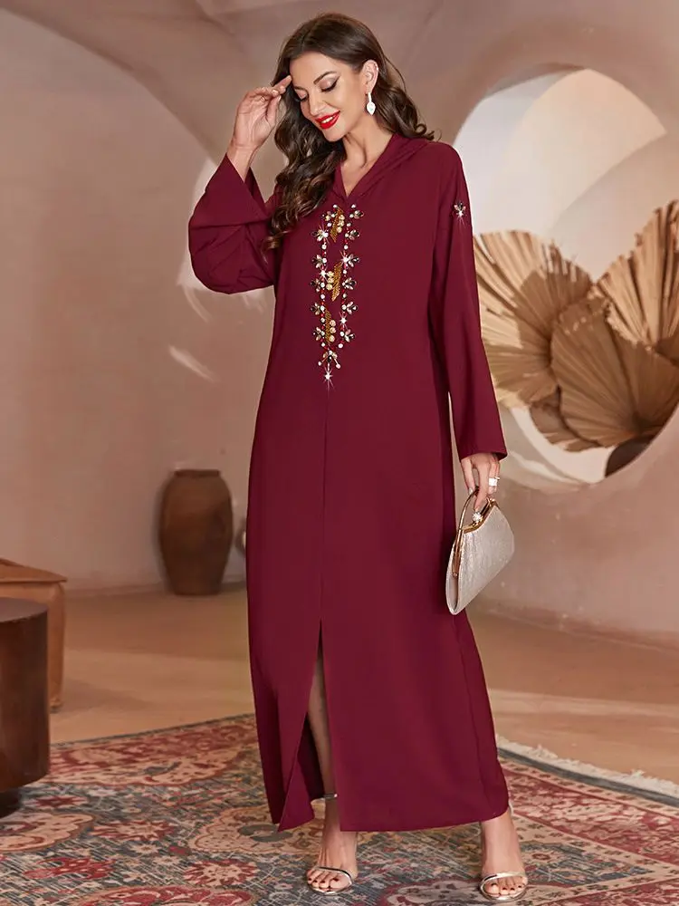 Muslim Dress Ramadan Party Eid Mubarak Red Dubai Abaya Turkey Islam Arabic Long Evening Kaftans Women Prayer Longue Musulmane