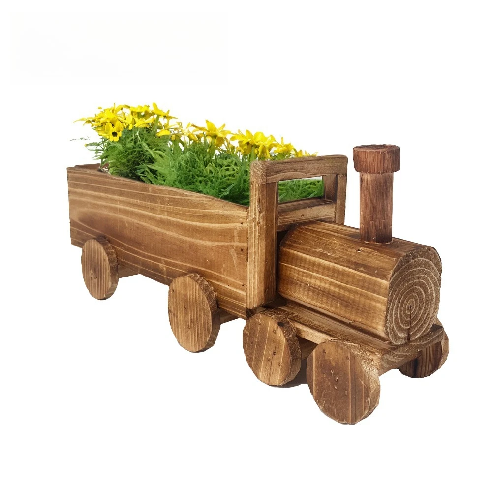 Vintage Cartoon Train Wooden Flower Pot Handmade Desktop Planter for Succulents Breathable
