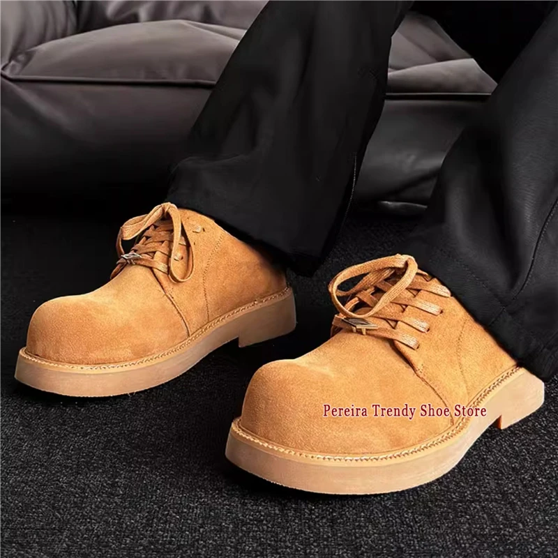

Коричневые замшевые туфли дерби на толстой подошве в британском стиле, с круглым носком, на шнуровке, повседневные, весна-лето, универсальные, ретро, мужские туфли