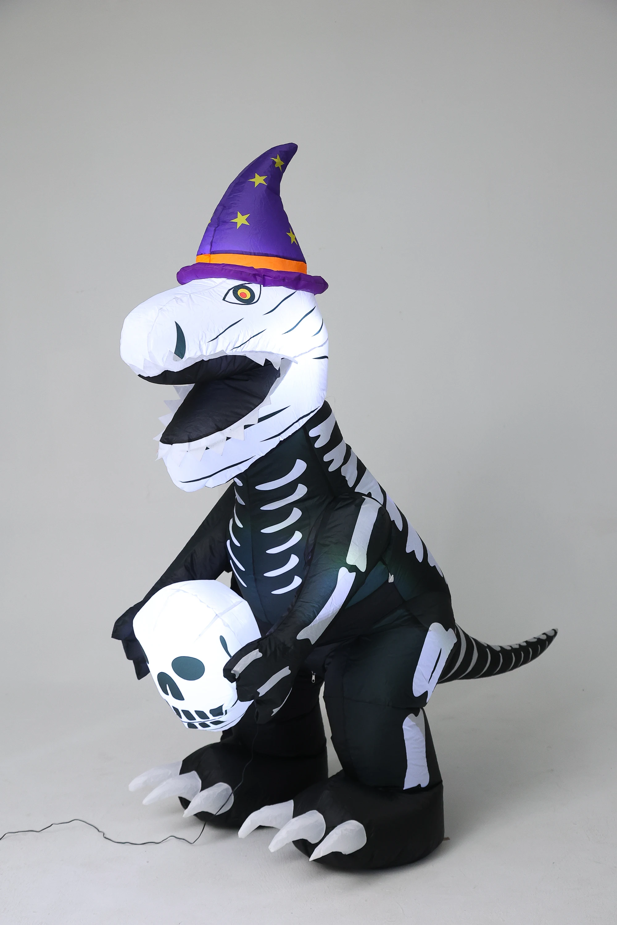 Halloween Inflatable Skeleton Dinosaur with Witch Hat, LED Light Up T-Rex with Skull Yard Decoration