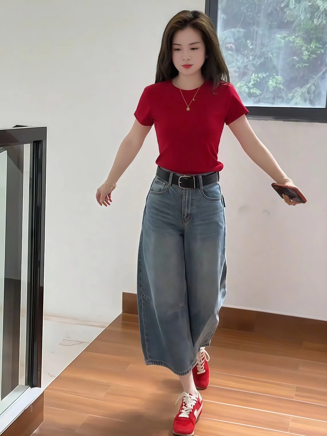 

Fashionable Hong Kong Style Women's Two-Piece Set Slimming Top And High-Waisted Jeans Summer Casual Wear Polyester Fabric