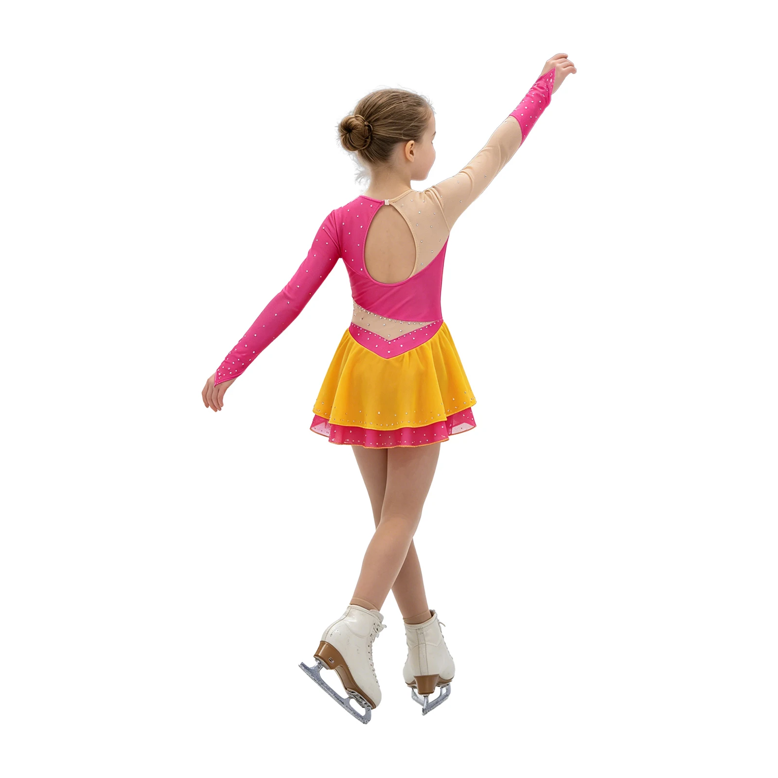 Girls Figure Skating Rhythmic Gymnastics Dress Long Sleeves Shiny Rhinestones Mesh Tutu Leotard Ballet Dance Modern Dancewear
