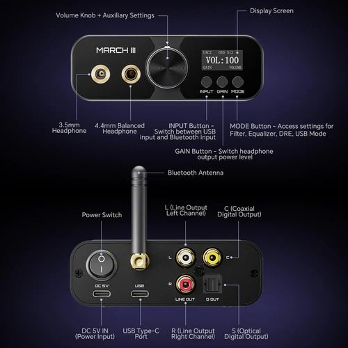 Imagen 2 del producto TempoTec Mach III-M3 HIFI USB DAC, Bluetooth DAC, 2 * chip DAC CS43198, UAC1.0 para PlayStation PS4, PS5, UAC2.0, EQ, filtro, DSD512/LDAC