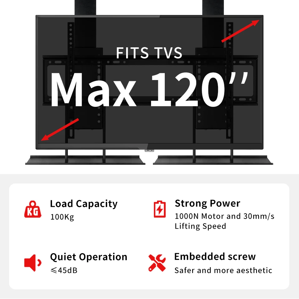 Écran TV élévateur double plafond de grande taille, 85 96 100, support TV déroulant motorisé de 120 pouces, robuste