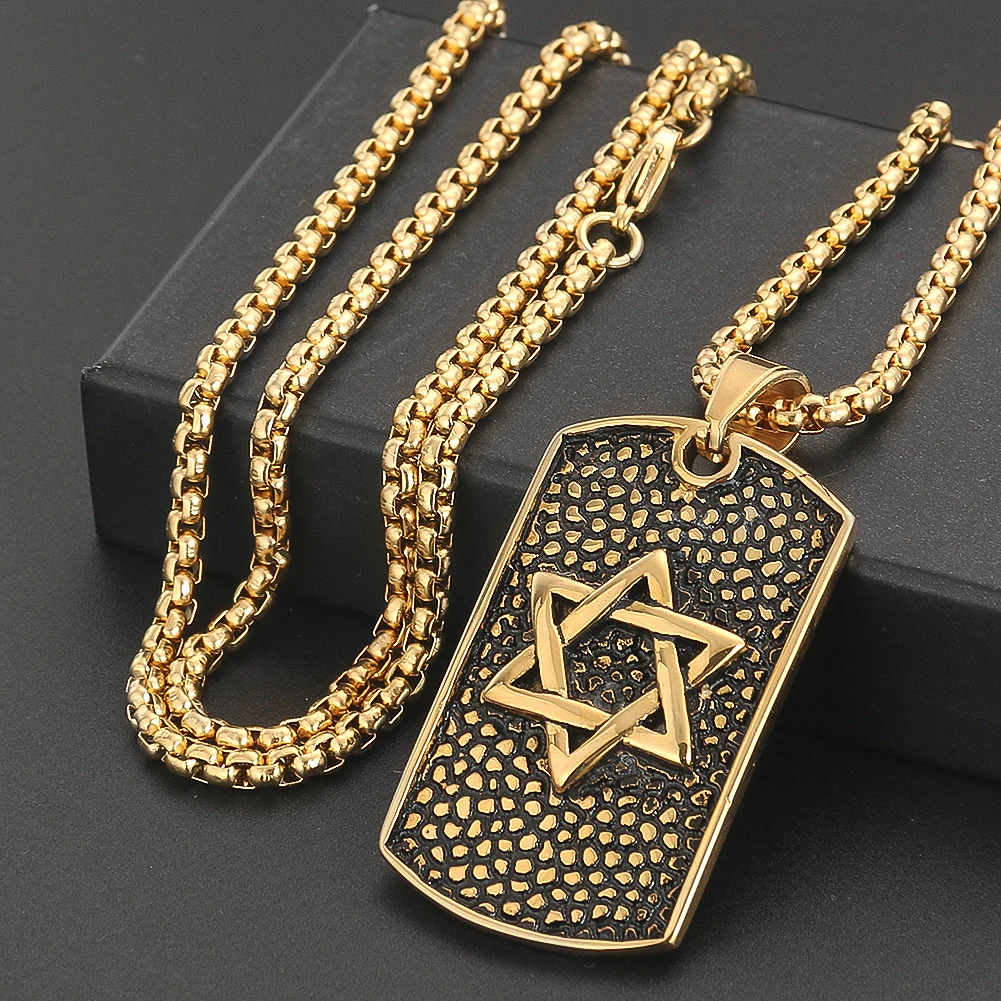 Retro Golden Hexagram Tag Pendant Necklace Street Tide Nightclub Metal Hip Hop Charm Amulet For Men Punk Casual Clothes Decor