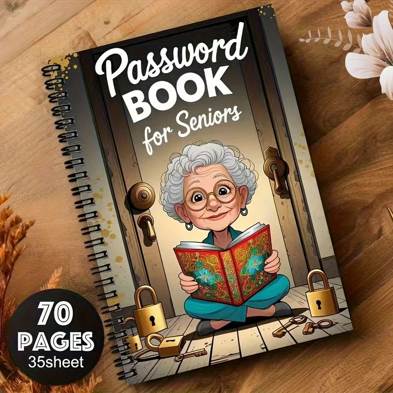 2/5er-Pack Cartoon-Spiral-Notizbücher mit Passwortfunktion für Senioren – 70 Seiten mit Schlossdesign, mit seniorenfreundlicher Charaktergrafik, sicherer Passwort- und Login-Organizer für Internet,