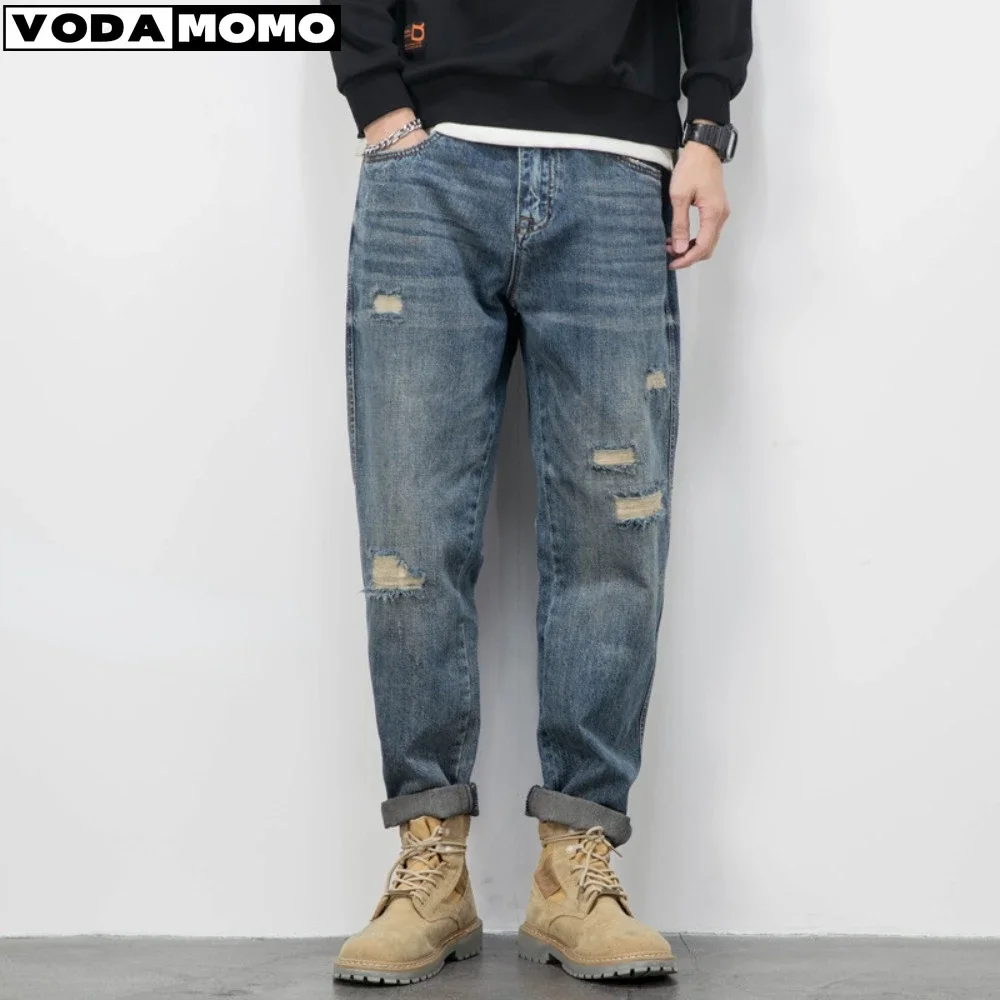 Spring and autumn new distressed jeans for men's loose fitting straight leg casual fashion Harlan pants jeans men y2k streetwear