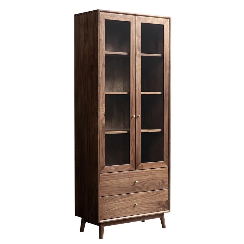 

Nordic all solid wood bookshelf, bookcase with glass door black walnut, bookcase log dust storage cabinet