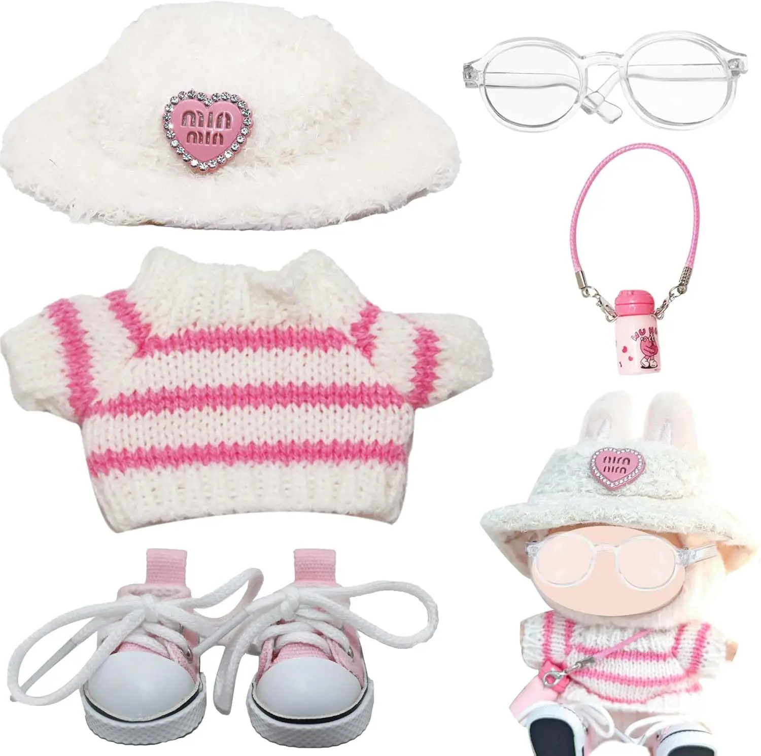 

5PCS 6.7" Plush Doll Clothes with Hat, Glasses, Clothes, Shoes, Water Bottle for Boys and Girls, Gifts (No Doll)