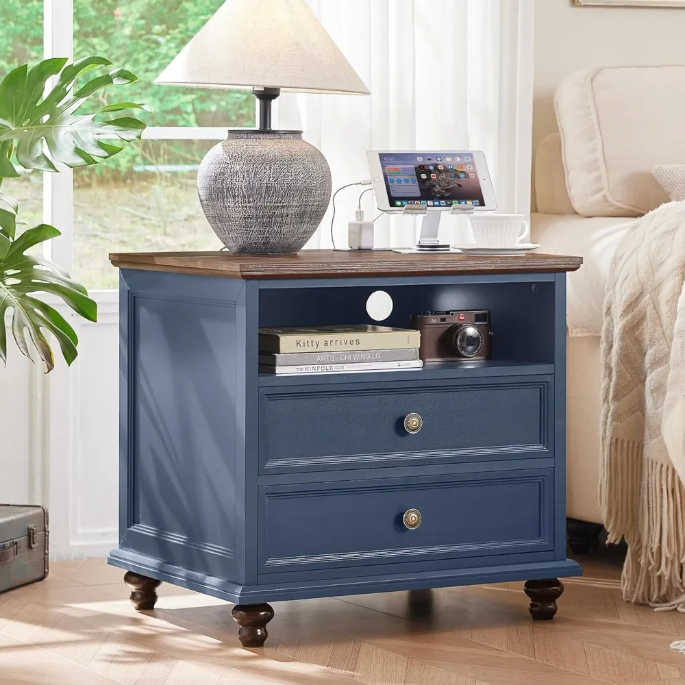 

24" Wide Farmhouse Nightstand with Charging Station, End Table with 2 Drawers, Blue Wood Dresser for Bedroom Cabinet
