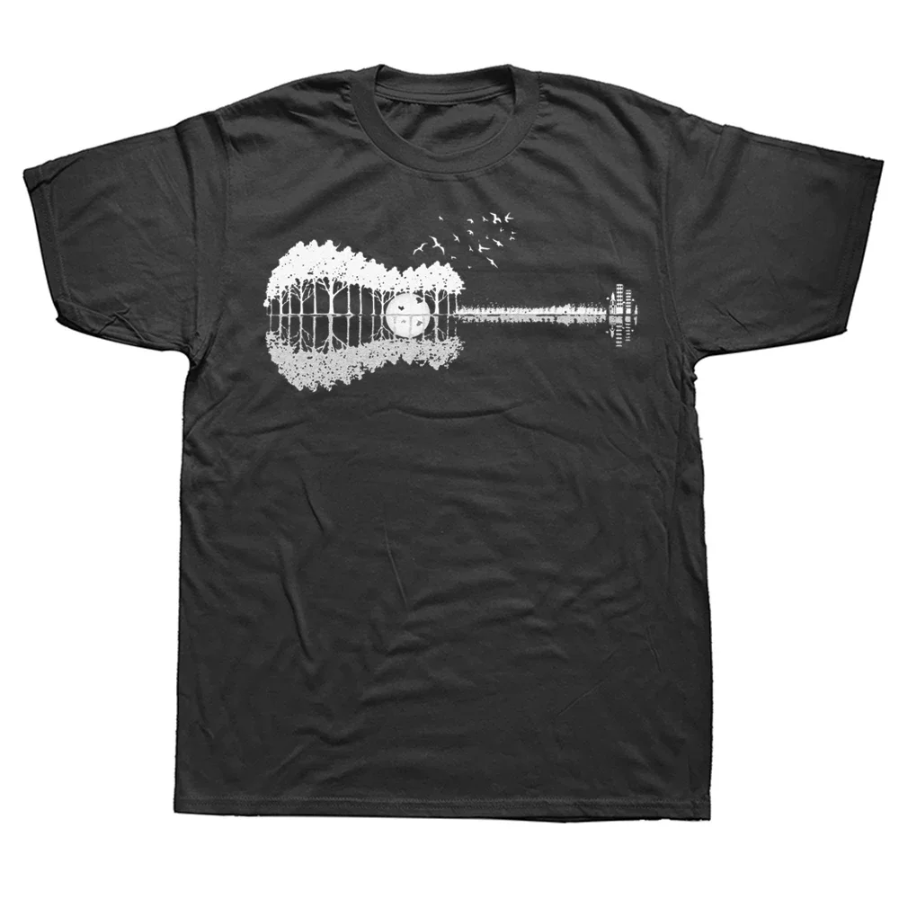 Guitar Lake Shadow Love Guitar Musician T-Shirt Beach Music Note Cotton Male T Shirt Printed Short Sleeve Top Tees