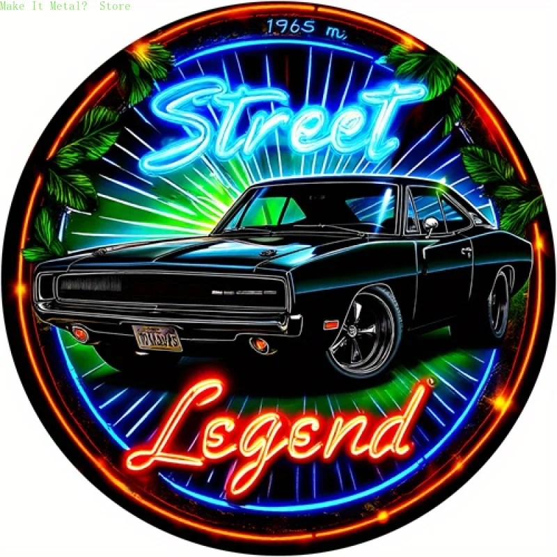 2D Flat 1965 Street Legend Black Muscle Car with Neon Lights Round Tin Sign Vintage Metal Wall Art for Garage, Man Cave, Bar, Ca
