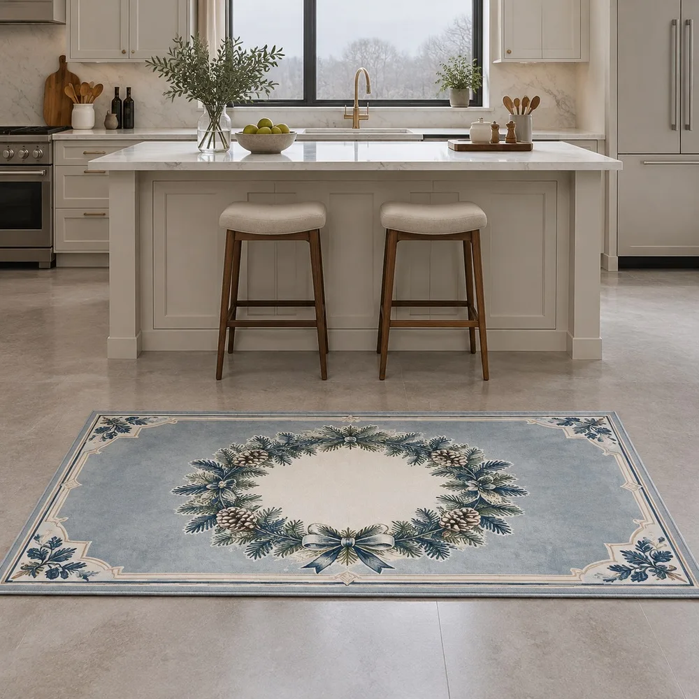 VIKAMA Area Rug Dusty Blue Cedar Wreath Center Machine Washable Laundry Room Staircase Master Bedroom Kitchen Modern Home Decor