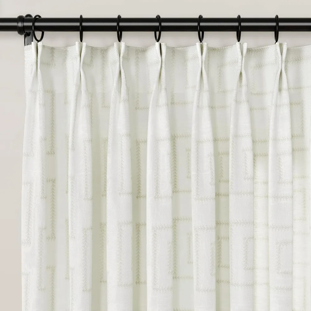 Semi-Sheer White Linen Curtains 90 Long for Living Room and Bedroom with Pinch Pleat Embroidery Design