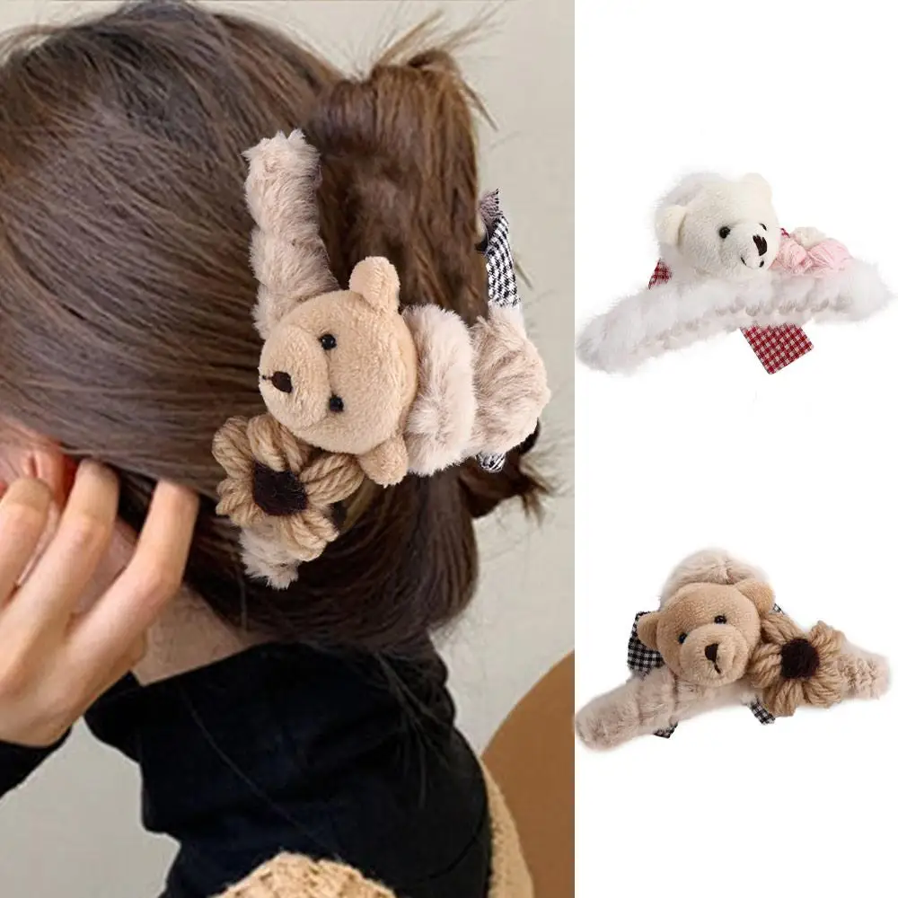 Cute Korean Female Plush Bathing Flower Hair Accessories Bear Hair Claws Women Hair Clips Korean Style Crab Clips