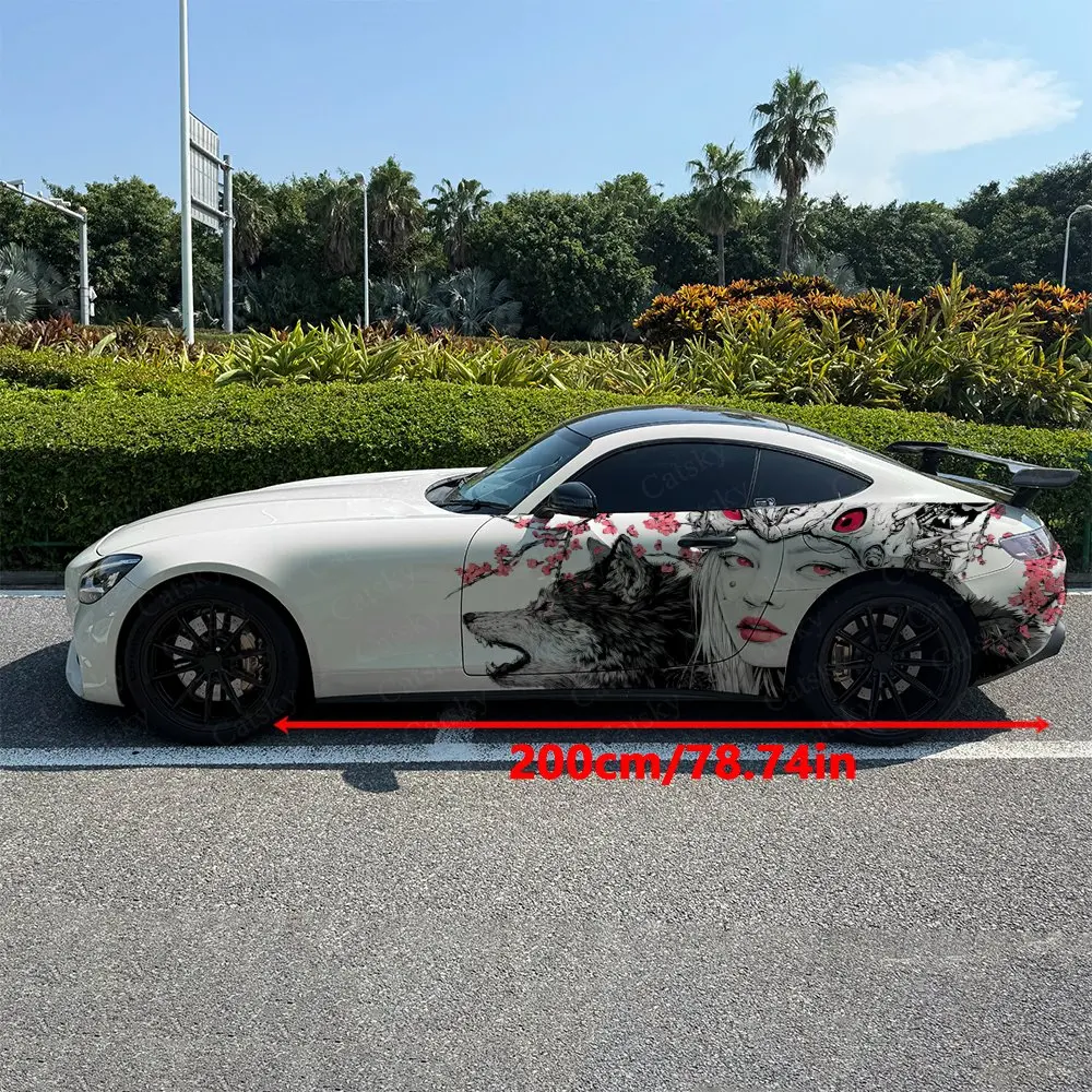 2pcs Cherry Blossom Wolf Girl Car Side Wraps, Self-Adhesive PVC Waterproof & Scratch-Resistant Stickers, Car Accessory Gift