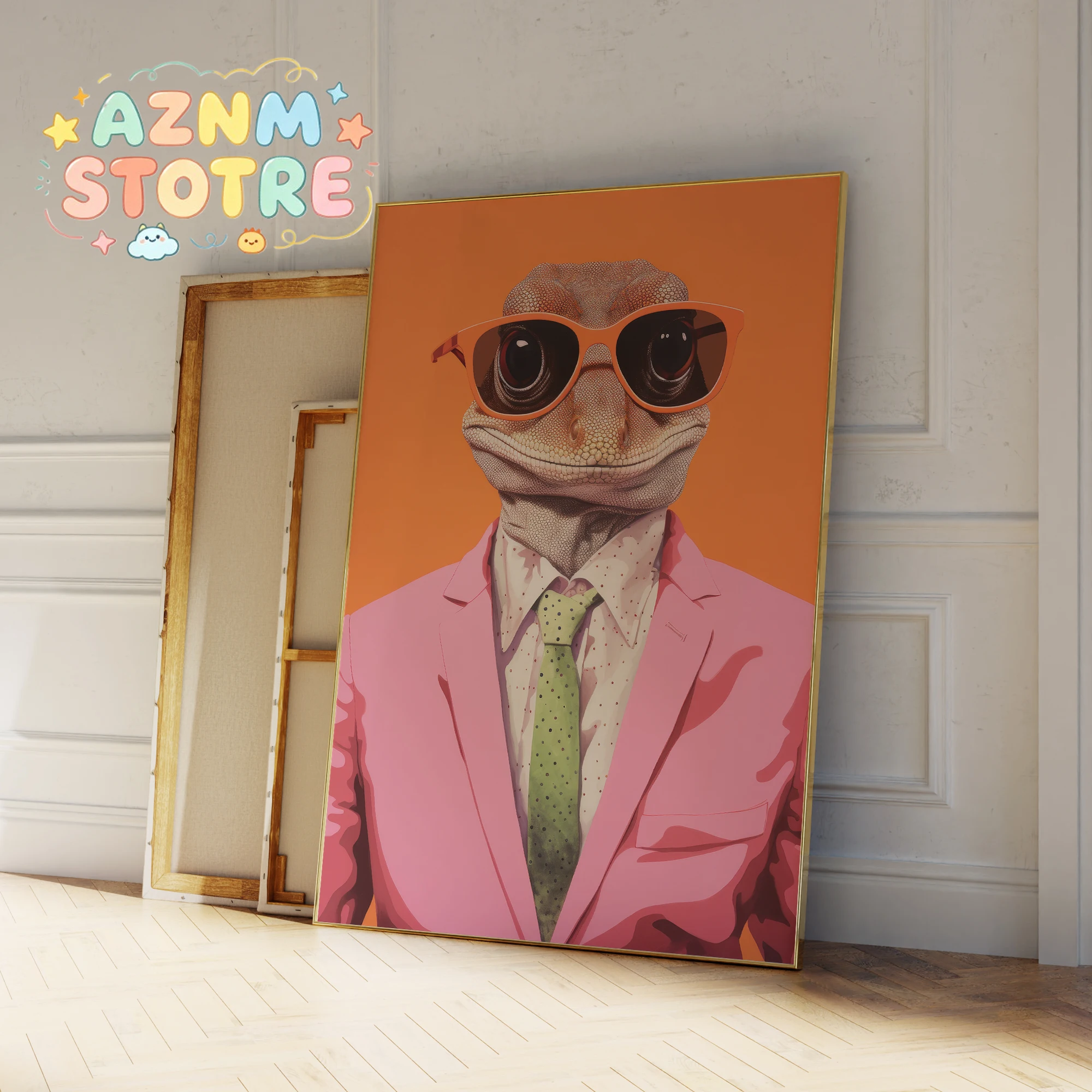 Modern Orange Funny Lizard In Suit Dancing Cool Animal Wall Art Prints Canvas Painting Poster Picture Living Room Home Decor