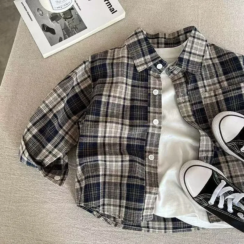 

Children Shirt 2025 Autumn New Embroidered Plaid Shirt for Boys and Girls Baby Casual Simple Fashion Shirt Coat 90-140CM