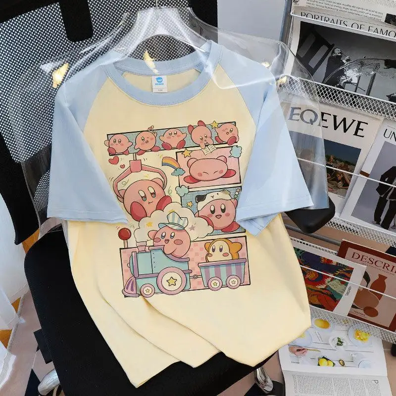 Kawaii Cute Kirbys Children's T-Shirt Pure Cotton Short Sleeve Color Block Cartoon Print Round Neck Top Anime Fashion Girl Gift