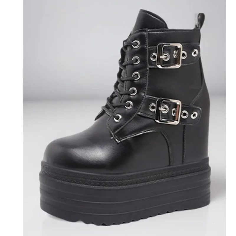 

Женские ботинки на платформе 12 см, повседневная уличная обувь в стиле панк, ботильоны на шнуровке с массивной пряжкой, крутая обувь на молнии для вечеринок в ночном клубе