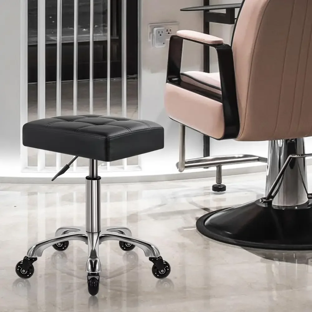 Taburete rodante de alta resistencia con ruedas, taburete giratorio hidráulico ajustable, asiento rectangular de cuero grueso ergonómico