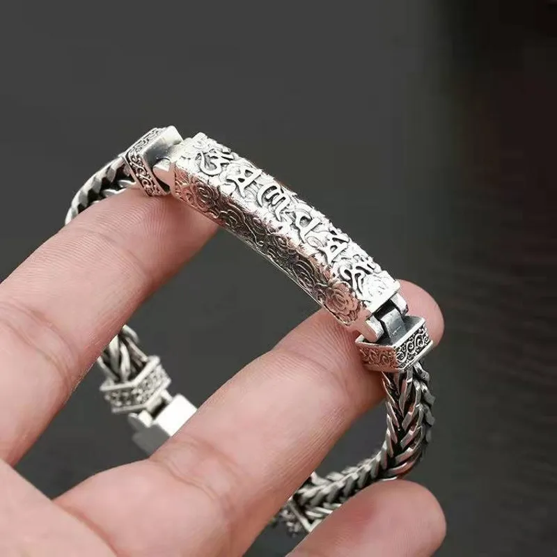 BOCAI New S925 Silve Fashion Retro Personality National Style 6mm  Om Mani Padme Hum Bracelet Men