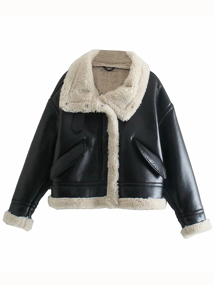 Winter Fleece Leather Jacket Women Faux Fur Jacket Fashion Streetwear Thick Warm Locomotive Coat Lamb Double-side Moto Outerwear