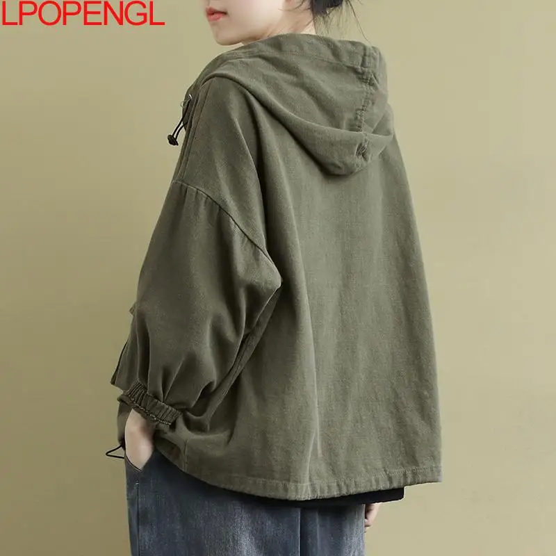 Autumn Women\'s Jackets New Loose And Artistic All-match Casual Outerwear Hooded Army Green Oversized Long Sleeves O-neck Coat