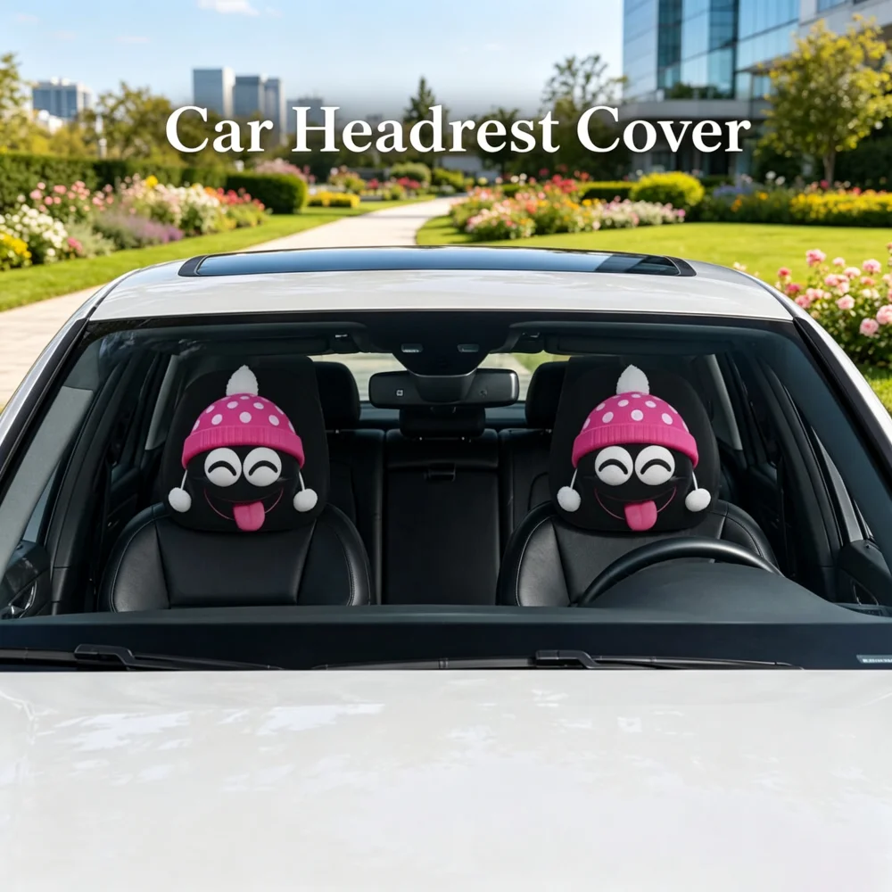 2Pcs Car Headrest Covers with Squinting Tongue-Out Face in Pink Polka Dot Hat Print, 2D Flat Printed, High Elastic Breathable.