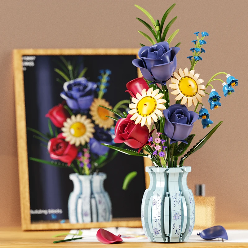 

Rose Bouquet Vase Building Blocks Set MOC Flower Plant Model With Vase Home Decor DIY Kids Assembled Toys Girls Christmas Gifts