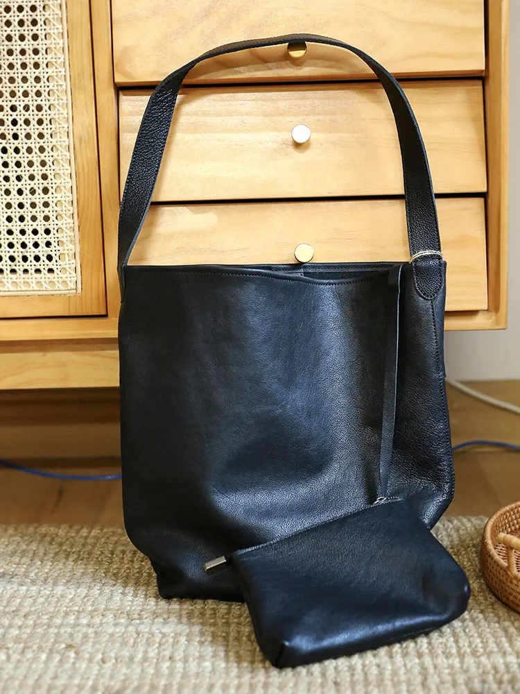 

casual vintage handmade first layer cowhide large capacity bucket tote bag outdoor shopping genuine leather ladies shoulder bag