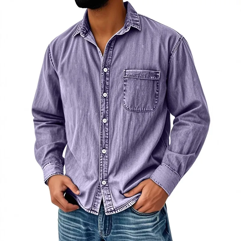 Men Autumn Winter Retro Lapel Pocket Casual Long-sleeved Shirt