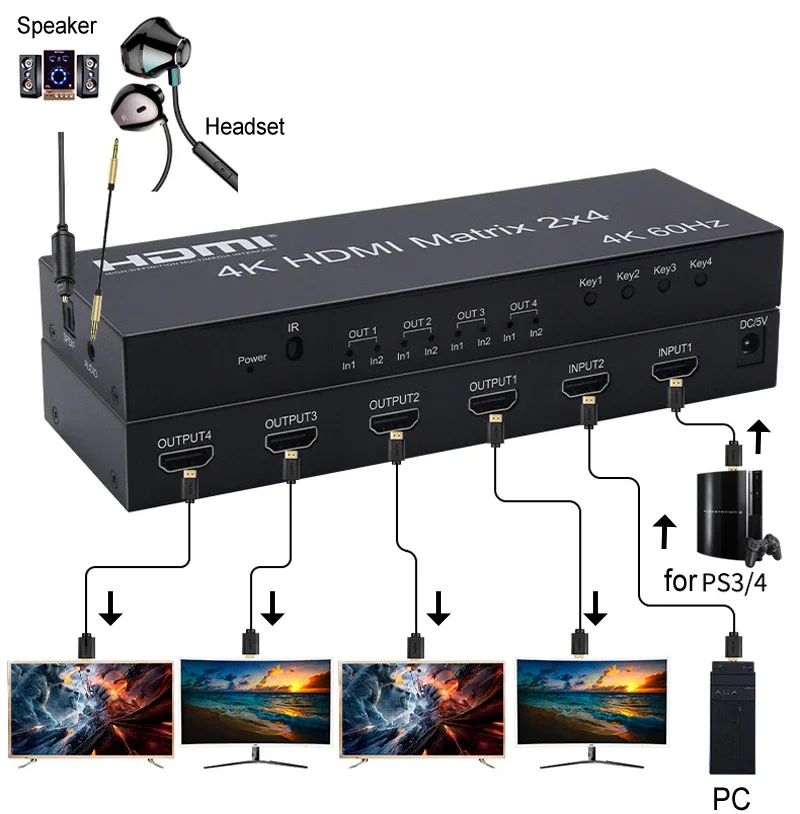 

4K 60Hz HDMI Matrix 2x4 2 In 4 Out HDMI Switch Splitter with Audio Extractor 1080p Video Converter 2 3 4 Screen Monitor Display