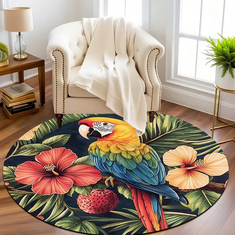 Vibrant Tropical Parrot and Hibiscus Floral Design Round Area Rug for Boho Living Room Decor small rug for dorm room